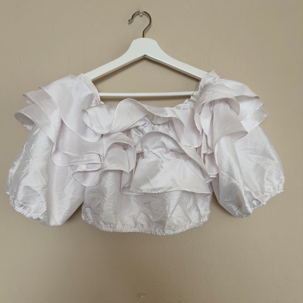 Vero Moda ASOS White Ruffle Crop Top Avant Garde Puff Sleeve XL - Picture 2 of 8